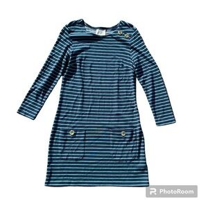 Sail To Sable Shift Dress S Blue Green Stripe Gold Button Long Sleeve Preppy EUC